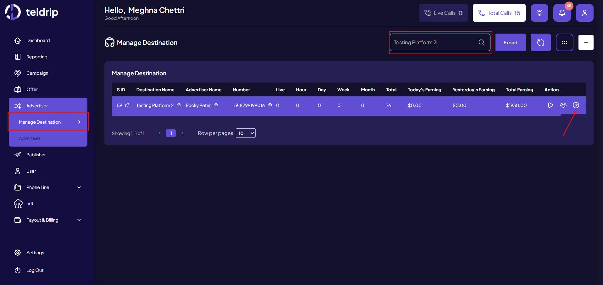Open the required Destination