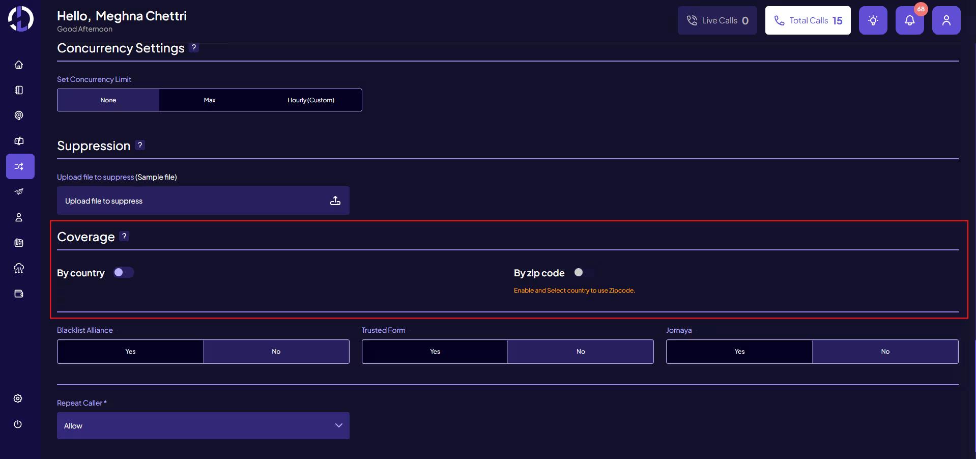 Navigate to Coverage Settings
